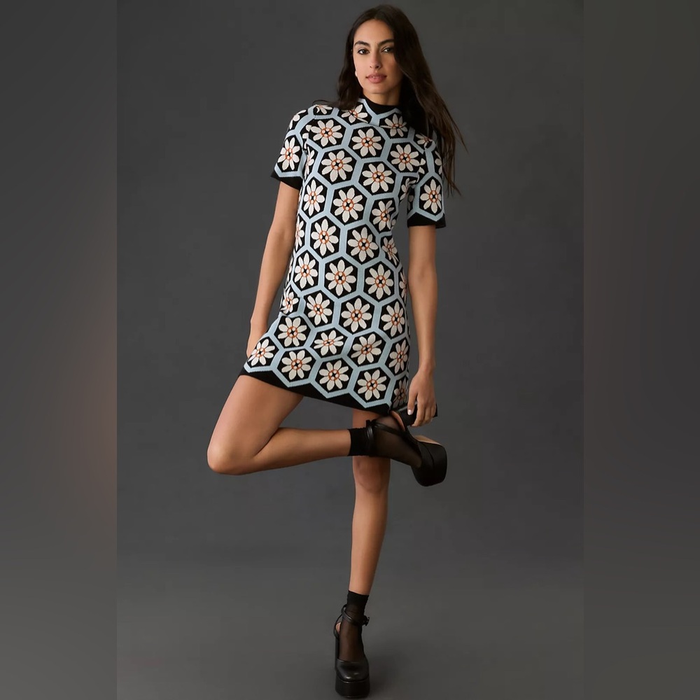 ANTHROPOLOGIE The Nina Short-Sleeve Mock-Neck Mod Mini Dress SIZE XS NWOT